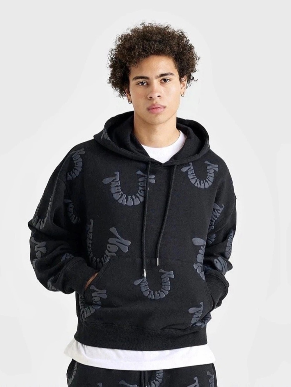 True Religion Warped Logo Boxy Hoodie Black Men’s XL Puff Print